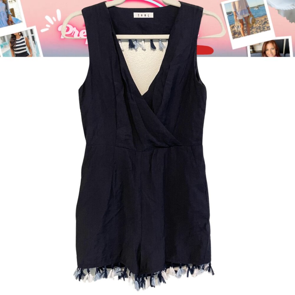 Anthropologie THML Women’s Romper – Size M | Navy Blue with Tassels | Pre-Owned